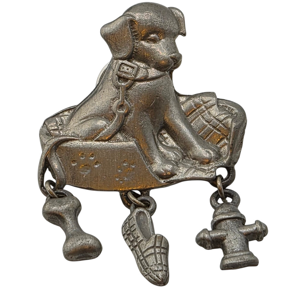 Vintage Pewter Dog Brooch Charm Dangle Signed LCD Puppy Pin